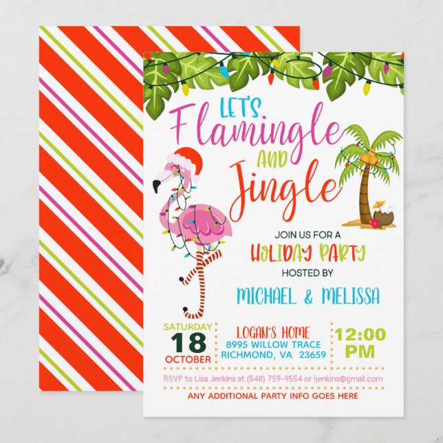 Invitación a la fiesta de feriado de Flamingle y J (Anverso / Reverso)