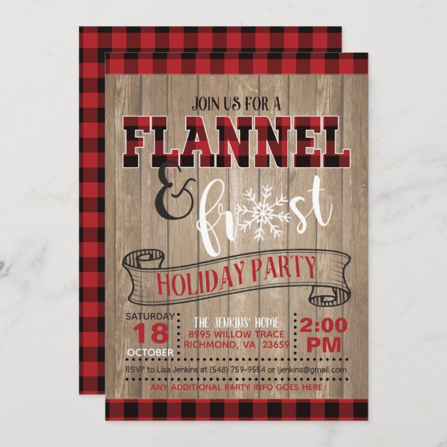 Invitación a la fiesta de feriado de Flannel y Fro (Anverso / Reverso)