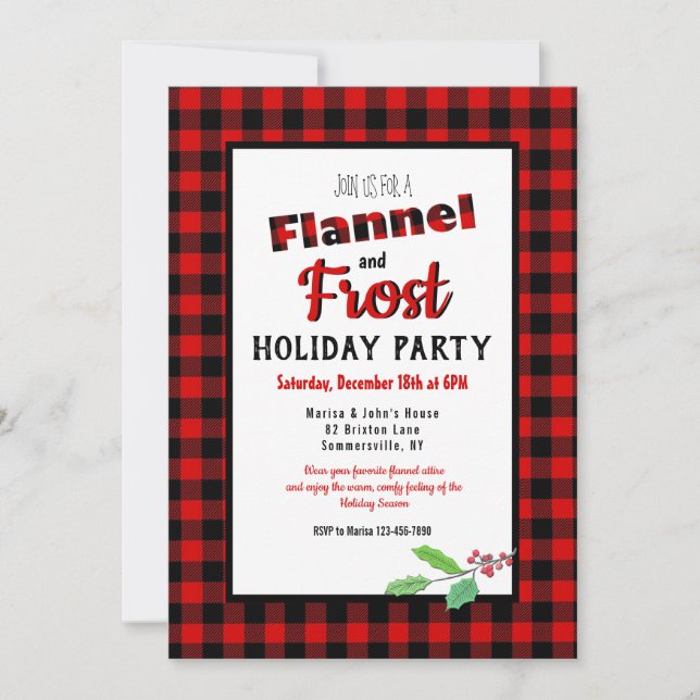 Invitación a la fiesta de feriado de Flannel y Fro (Anverso)