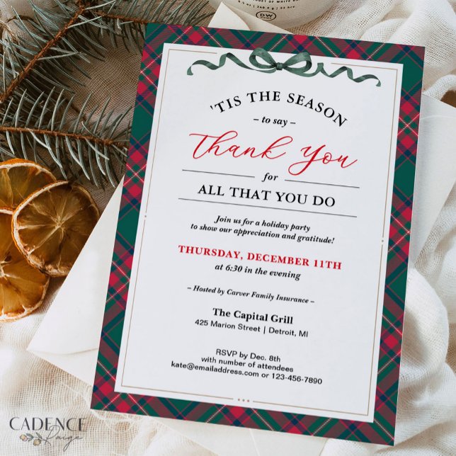 Invitación a la fiesta de feriado de la compañía - (Company Holiday Party invitation with elegant plaid and a thank you message to show gratitude)