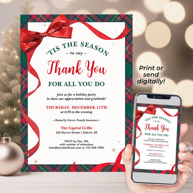 Invitación a la fiesta de feriado de la compañía - (Company Holiday Party invitation with a classic red bow and plaid, and a message of gratitude)
