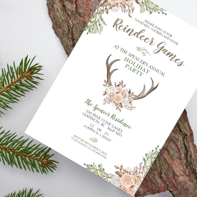Invitación a la fiesta de feriado de los juegos de (Add a touch of pink and rustic charm with this Cocktails, Cookies and Reindeer Games Holiday Invite)