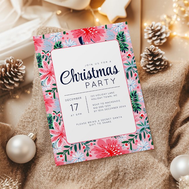 Invitación a la fiesta de feriado floral tropical  (Tropical Pink Floral Christmas Party Invite)