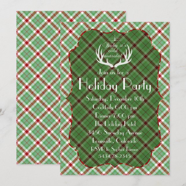 Invitación a la fiesta de feriado Red Green Plaid (Anverso / Reverso)