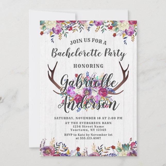 Invitación a la fiesta de Floral Deer Antler Bache (Anverso)