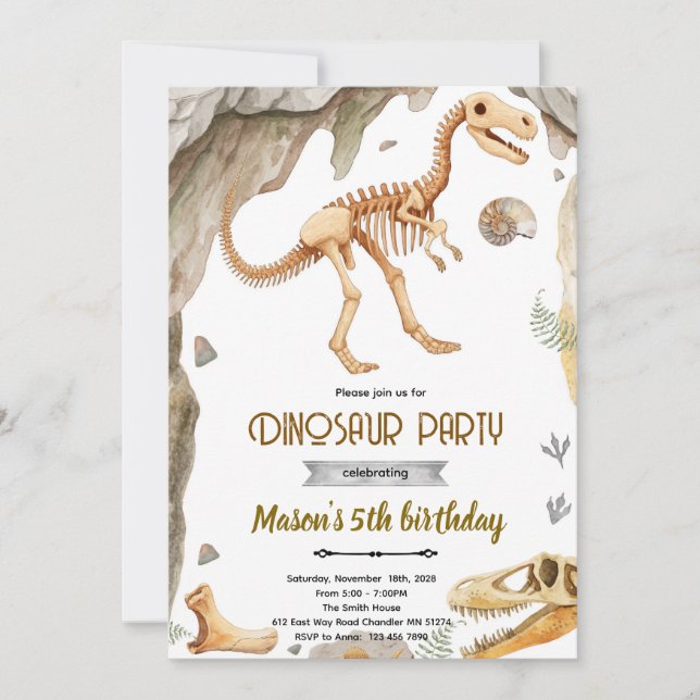 invitación a la fiesta de fósiles de dinosaurio (Anverso)