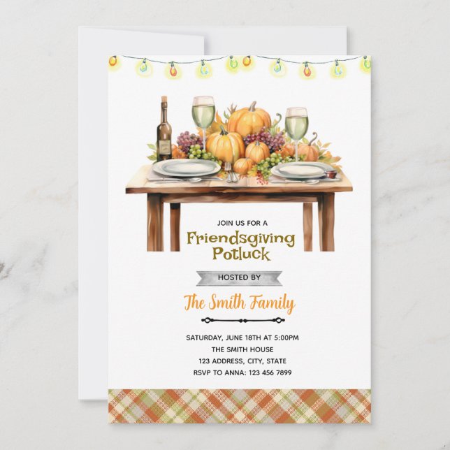 Invitación a la fiesta de Friendsgiving Potluck (Anverso)
