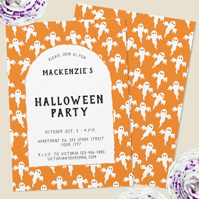 Invitación a la fiesta de Fun Ghost Halloween (Fun orange ghost personalized Halloween party invitation)