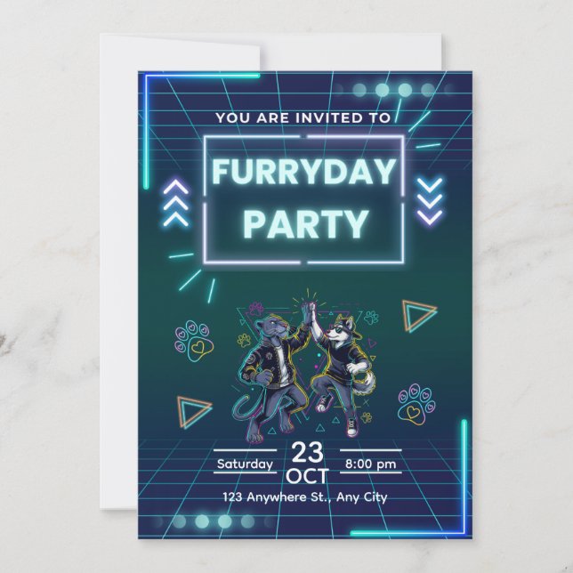Invitación a la Fiesta de Furryday Retro Neon (Anverso)