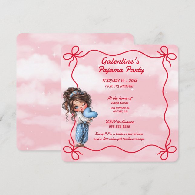 Invitación a la Fiesta de Galentine en Pijama (Anverso / Reverso)