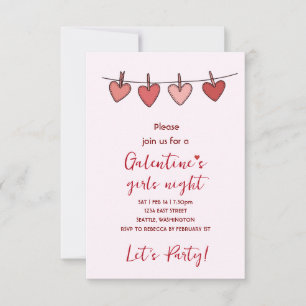 Invitación a la fiesta de Galentines con corazones