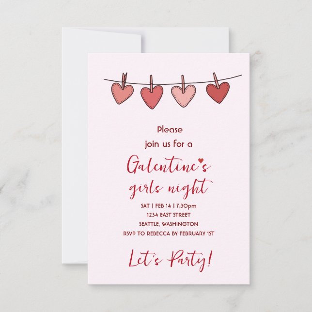 Invitación a la fiesta de Galentines con corazones (Anverso)