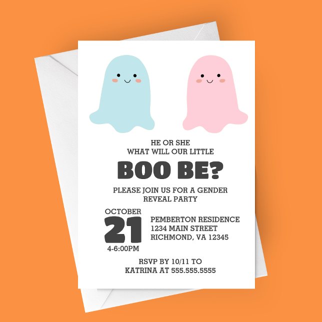 Invitación a la fiesta de género de los fantasmas  (Little Boo Bee Halloween Ghost Themed Gender Reveal Party Invitation)