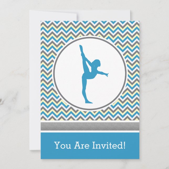 Invitación a la fiesta de gimnastas Blue Chevron (Anverso)