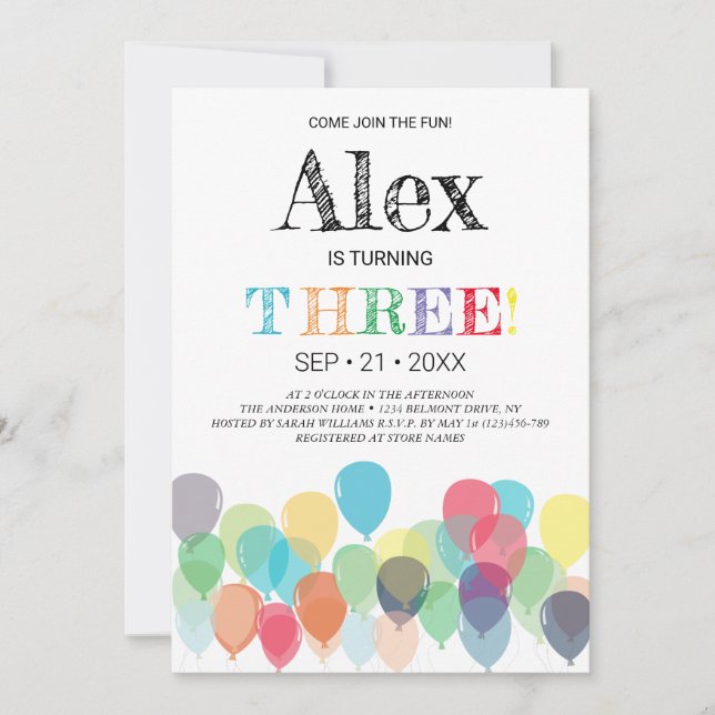 Invitación a la Fiesta de Globos de Tercer Cumplea (Anverso)