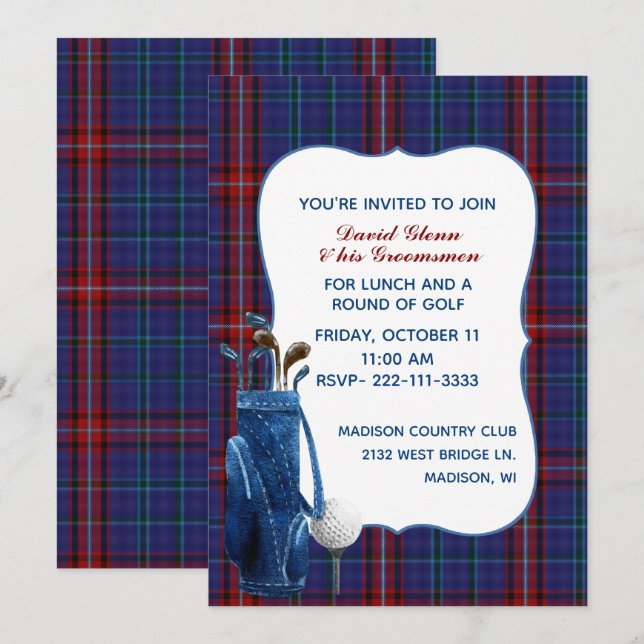 Invitación a la fiesta de golf de Glenn Plaid Groo (Anverso / Reverso)