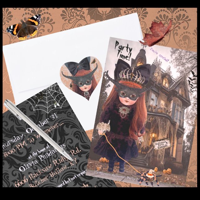 Invitación a la fiesta de gótico Doll Halloween (Seal your invitations with matching Stickers!  A Happy Halloween Card in this design also available!)