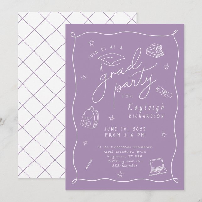 Invitación a la fiesta de Grad de Lavender Retro (Anverso / Reverso)