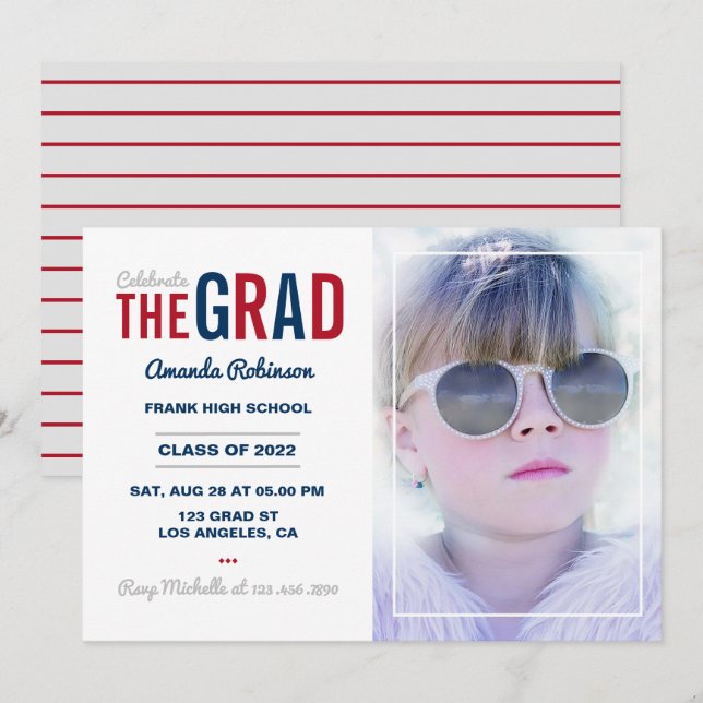 Invitación a la fiesta de graduación azul, rojo y  (Anverso / Reverso)