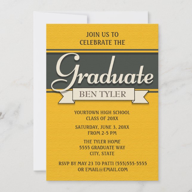 Invitación a la fiesta de graduación azul y amaril (Anverso)