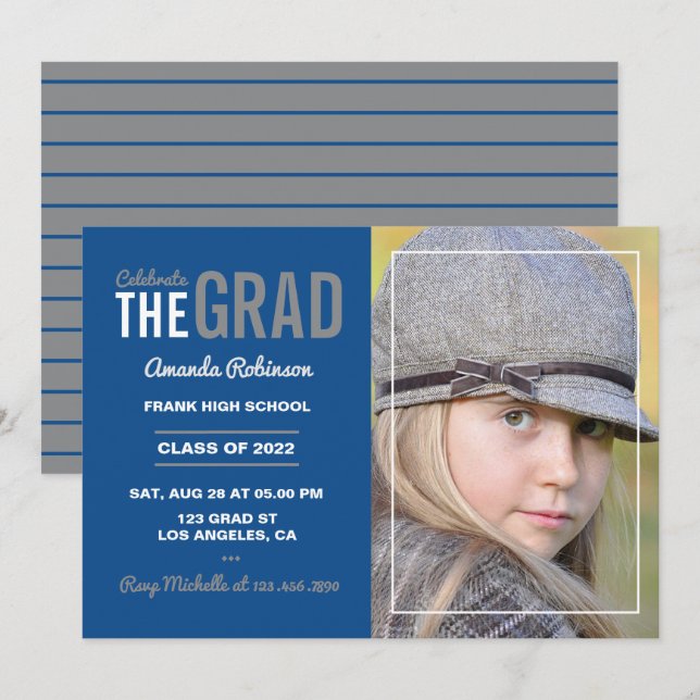 Invitación a la fiesta de graduación azul y gris (Anverso / Reverso)
