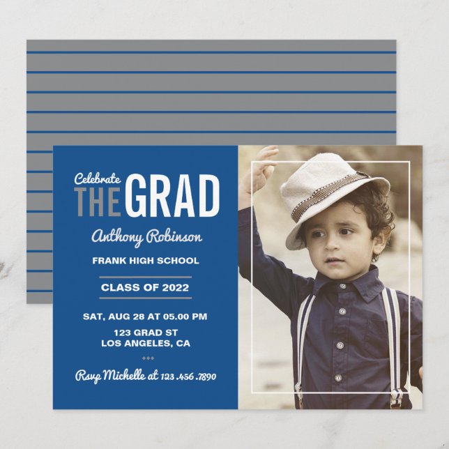 Invitación a la fiesta de graduación azul y gris (Anverso / Reverso)