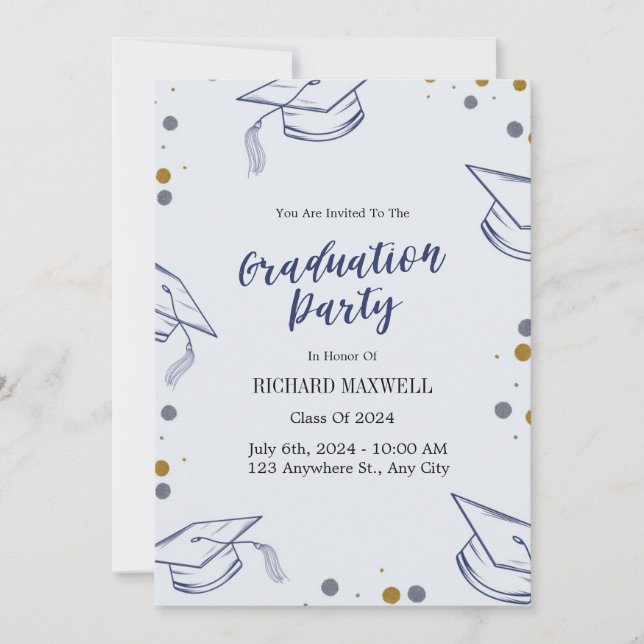 Invitación a la fiesta de graduación azul y oro (Anverso)