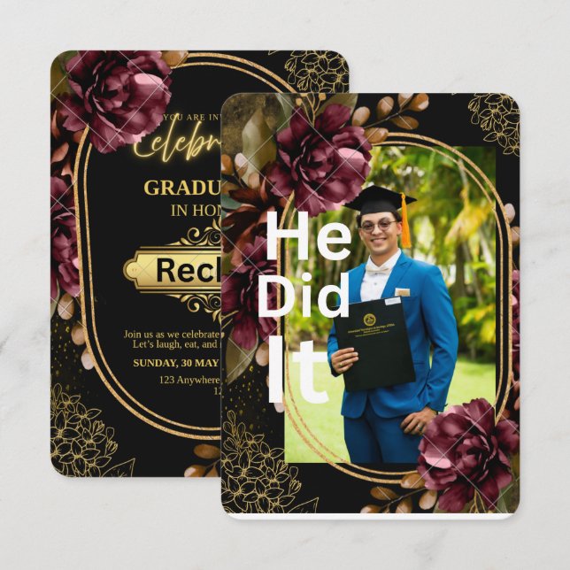 Invitación a la fiesta de graduación Black & Gold  (Anverso / Reverso)