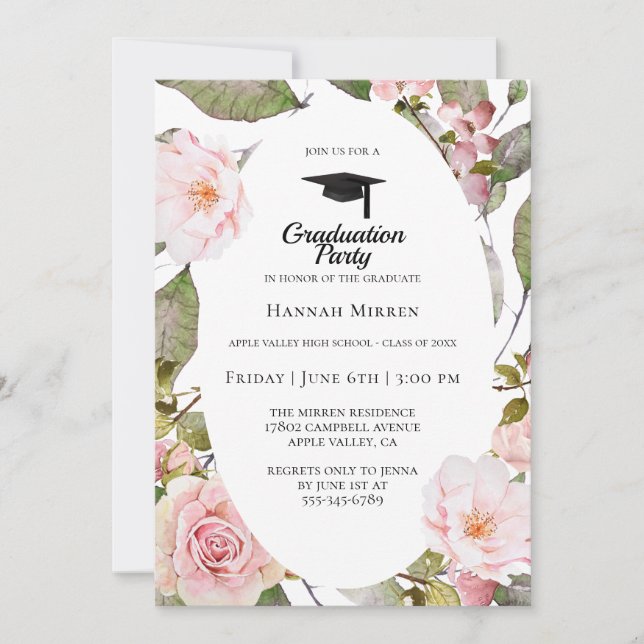Invitación a la fiesta de graduación botánica rosa (Anverso)