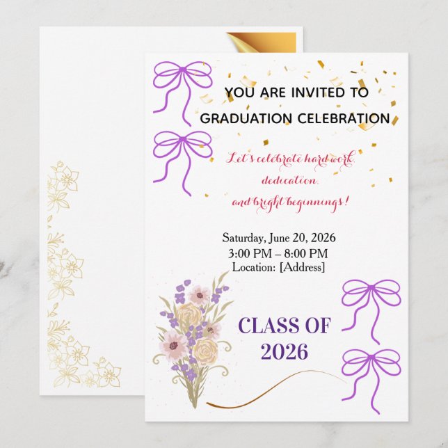 Invitación a la fiesta de graduación con lazo mora (Anverso / Reverso)