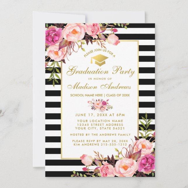 Invitación a la fiesta de graduación con rayas flo (Anverso)