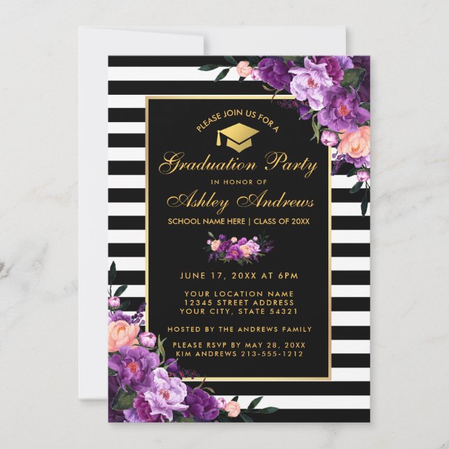 Invitación a la fiesta de graduación con rayas vio (Anverso)
