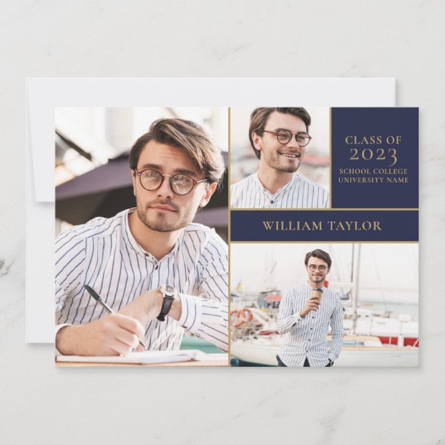 Invitación a la fiesta de graduación de 3 fotos en (Anverso)