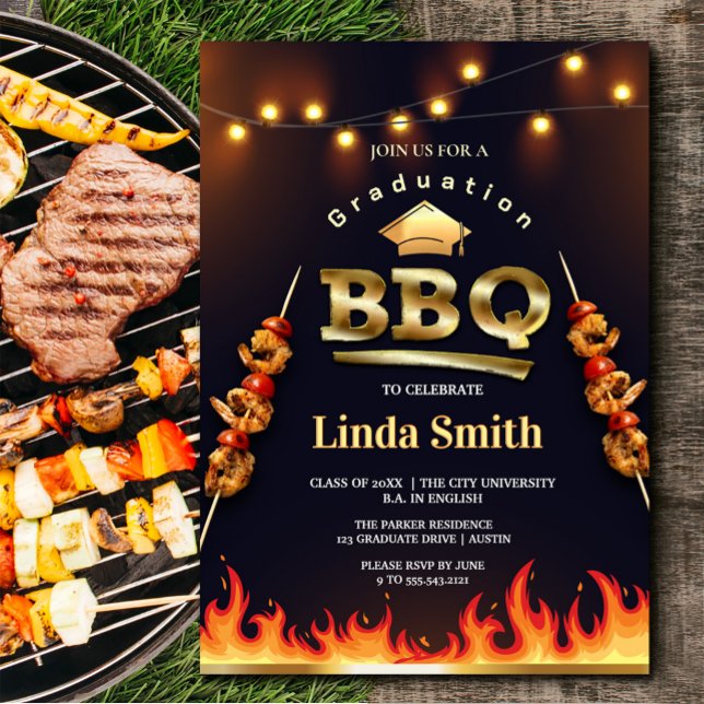 Invitación a la fiesta de graduación de barbacoa | (Graduation BBQ Party Invitation | Flame & Skewer #zazzlemade #flamedesign #graduate2025 #partyfood)