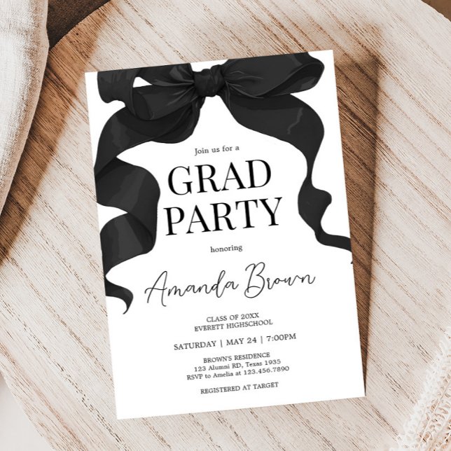 Invitación a la fiesta de graduación de Black Bow (Black Bow Minimalist Graduation Party Invitation)