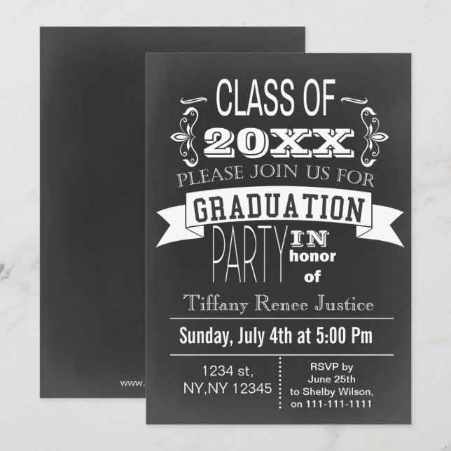 Invitación a la fiesta de graduación de Chalkboard (Anverso / Reverso)