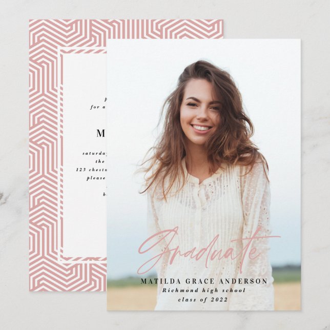 Invitación a la fiesta de graduación de chica rosa (Anverso / Reverso)