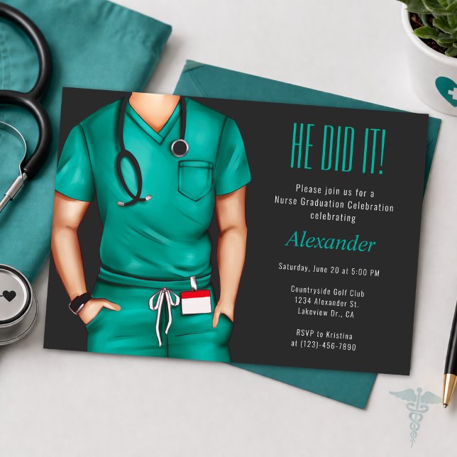 Invitación a la fiesta de graduación de enfermero  (He Did It Nurse Graduation Invite for Him, Modern Teal Medical Theme, Celebrate His Big Day 🎓)