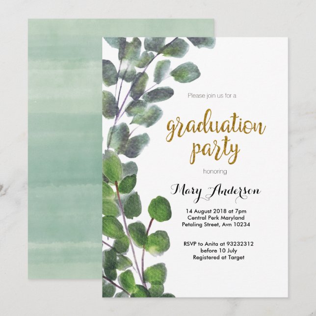 Invitación a la fiesta de graduación de eucalipto (Anverso / Reverso)