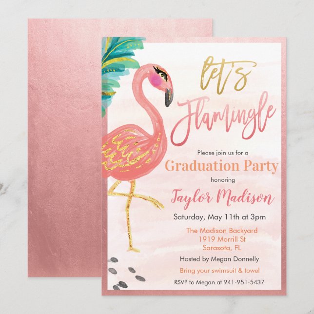 Invitación a la fiesta de graduación de flamingo a (Anverso / Reverso)