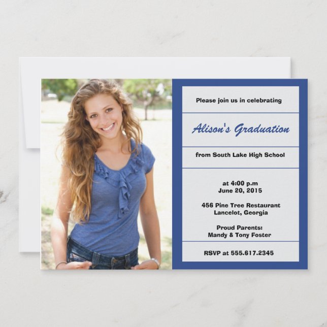 Invitación a la fiesta de graduación de fotos azul (Anverso)