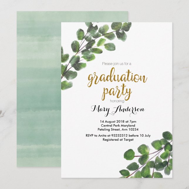 Invitación a la fiesta de graduación de Greenery C (Anverso / Reverso)