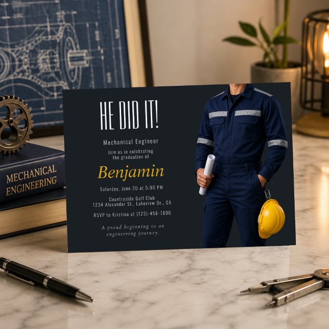 Invitación a la fiesta de graduación de ingeniero  (Modern mechanical engineer graduation invite with bold, clean, professional design)