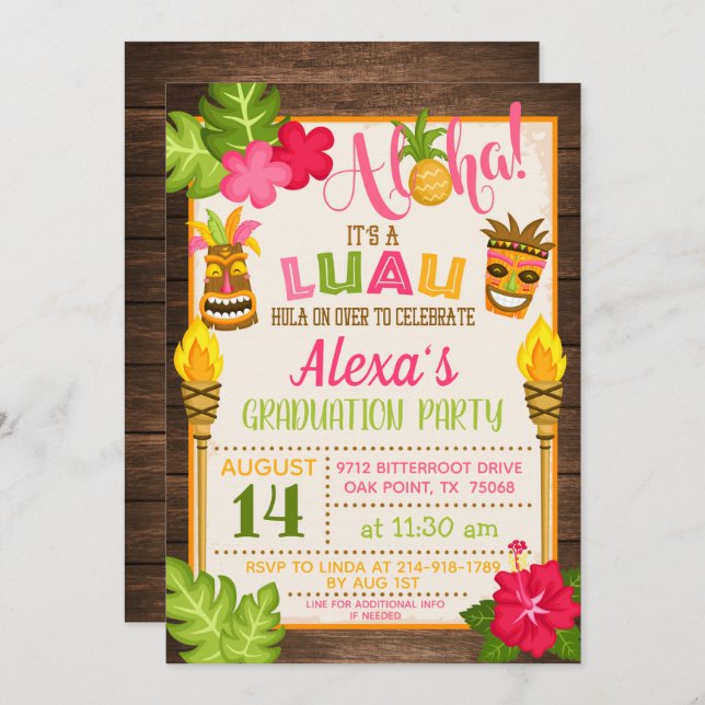 Invitación a la fiesta de graduación de Luau (Anverso / Reverso)