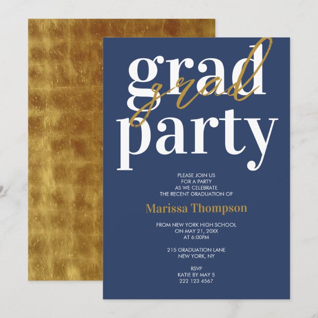 Invitación a la fiesta de graduación de oro azul d (Anverso / Reverso)