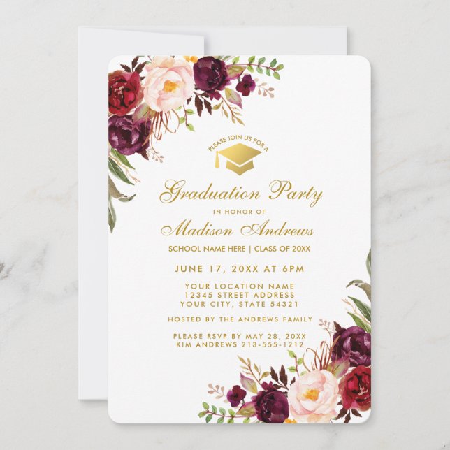Invitación a la fiesta de graduación de oro floral (Anverso)