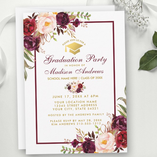 Invitación a la fiesta de graduación de oro floral (Customize to change text size, text color or text style.)