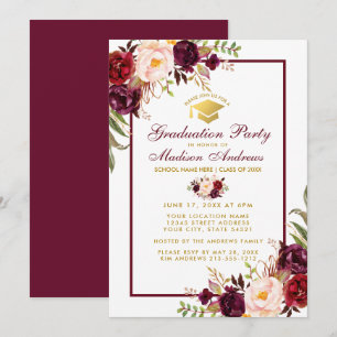 Invitación a la fiesta de graduación de oro floral
