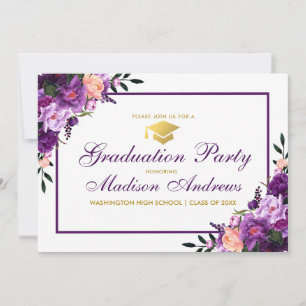 Invitación a la fiesta de graduación de oro morado
