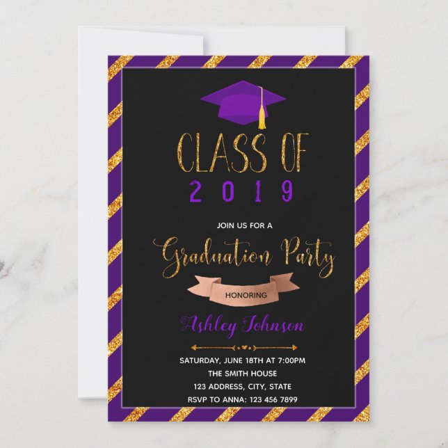 Invitación a la fiesta de graduación de oro morado (Anverso)